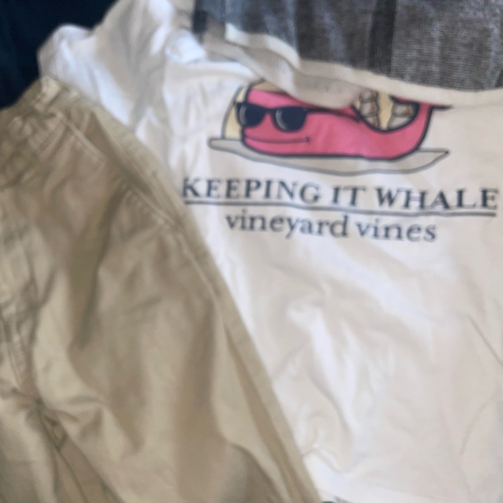 Vineyard Vines White Tee with Pink Whale and Tan Pants